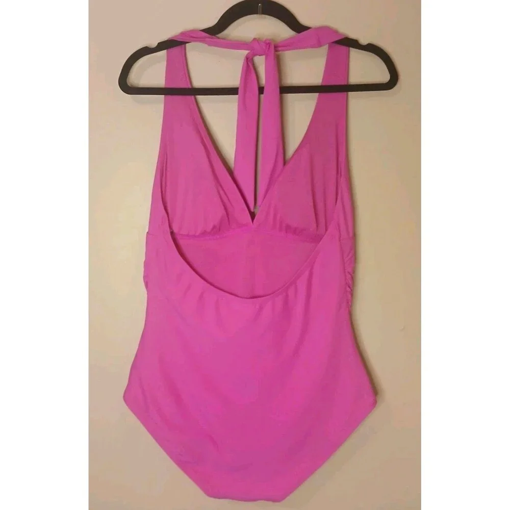 DKNY Swimsuit Sz L Halter Tie Top Ruched Sides Hot Pink Padded UV Protection NWT - Picture 11 of 12